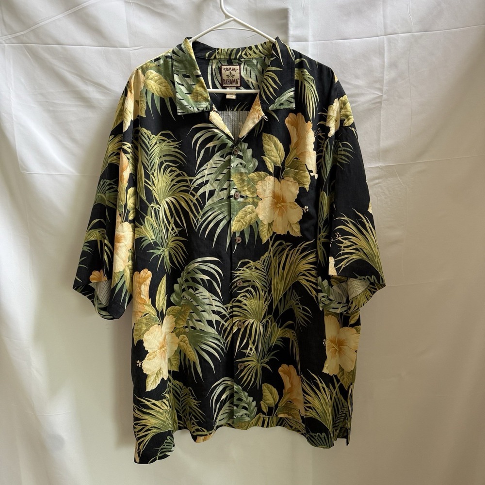 Vintage Tommy Bahama Silk Hawaiian Shirt Mens XXL Black Yellow‎ Floral Aloha